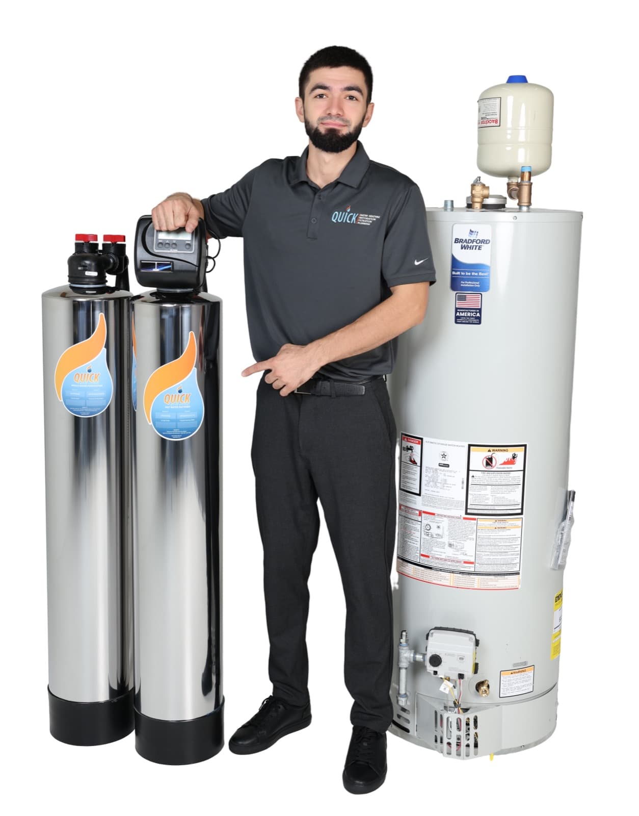 A Quick Water Heater technician pointing to a new Bradford White water heater